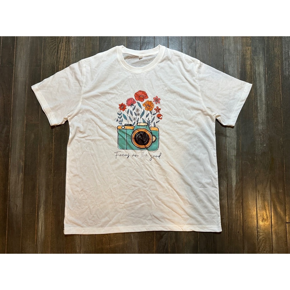 Focus On The Good Camera Flower Graphic T-Shirt White Boho Short Sleeve Tee